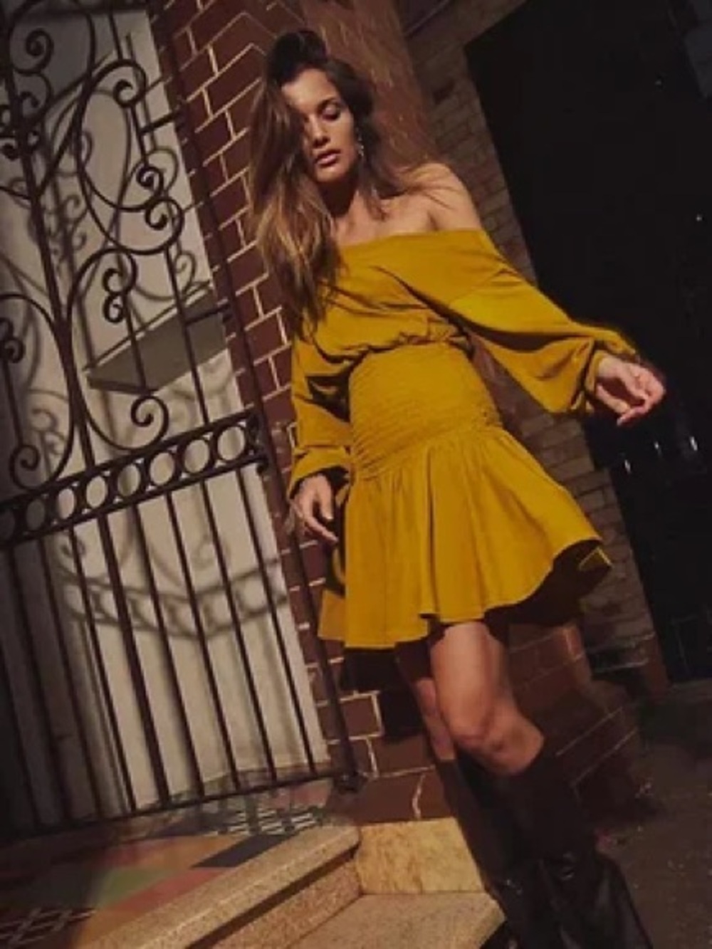 Free People Yellow Scorching Hot Mustard Off-Shoulder Smocked Waist Mini Dress